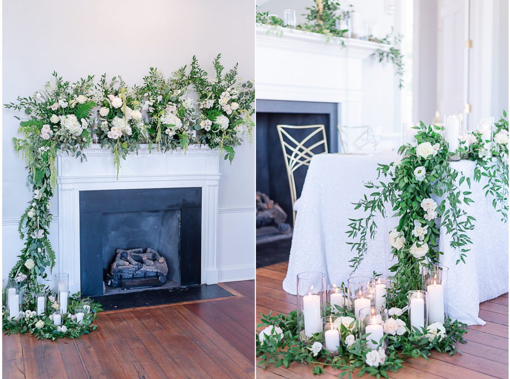 cascading flowers off of fireplace mantle and head table