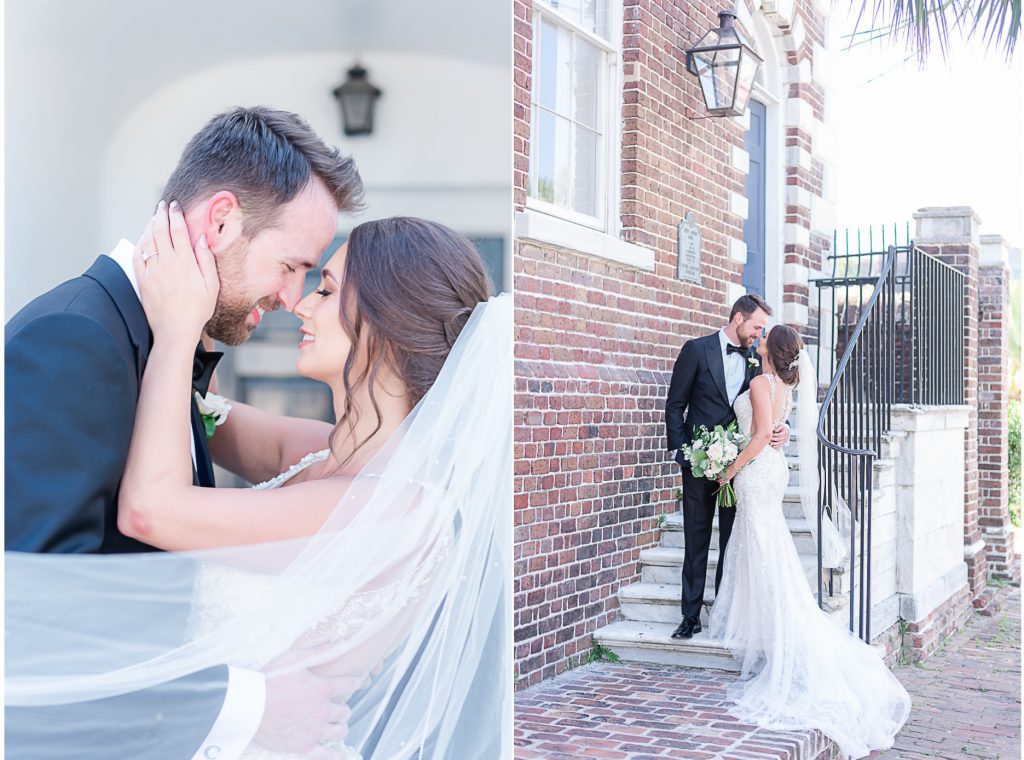 Newlyweds nuzzle on frontdoor steps of historic home