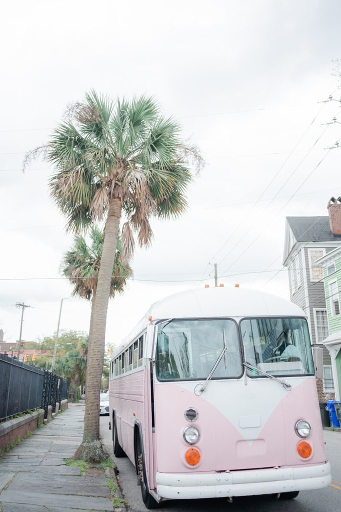 Pink vintage bus parked near palm trees