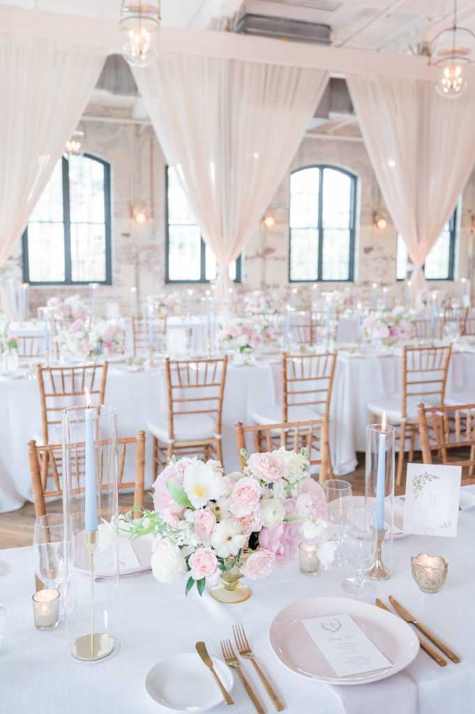 Pink place setting at luxury wedding reception Cedar Room