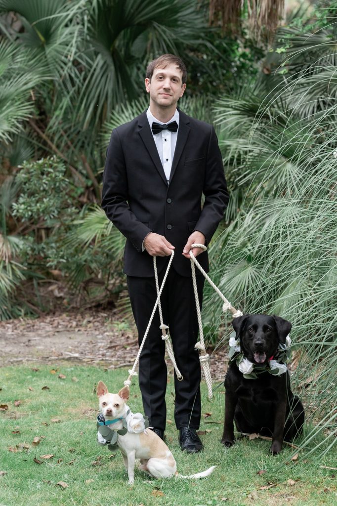 groom standing in garden holding leashes of his two dogs