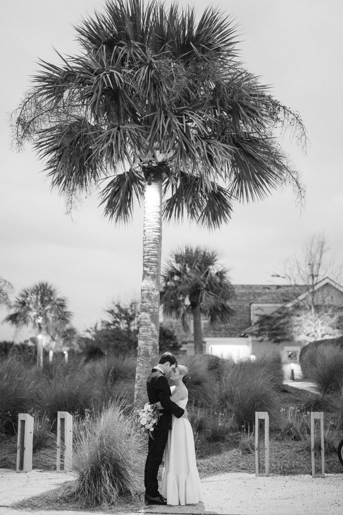 couple stand forehead to forehead under palm tree