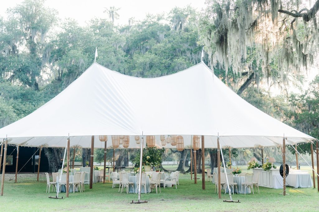 garden party set up in white sail tent