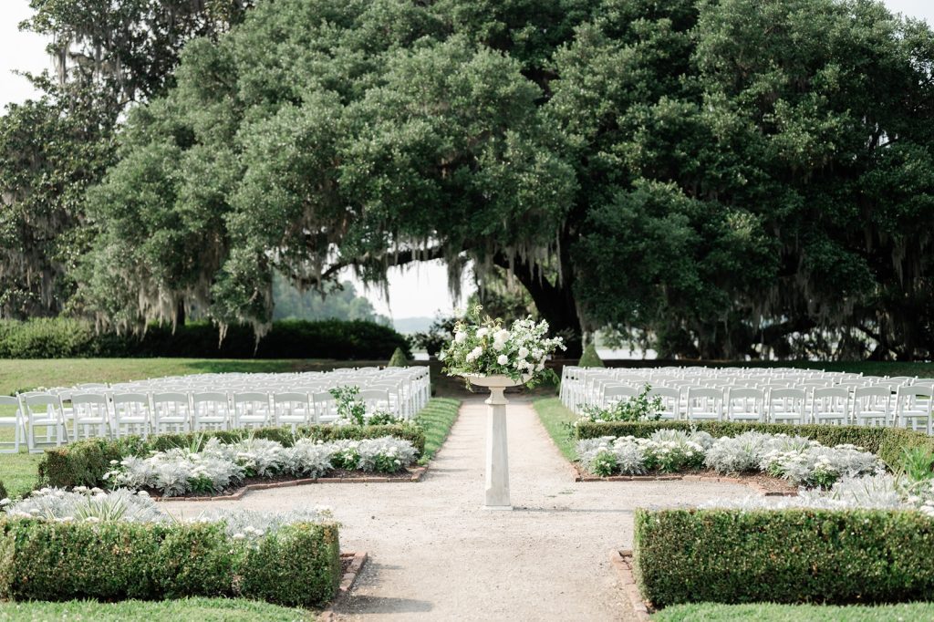 large wedding ceremony set up in garden